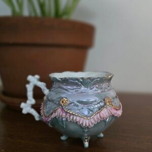 Antique Victorian Blue Lusterware Footed Teacup Small Pitcher